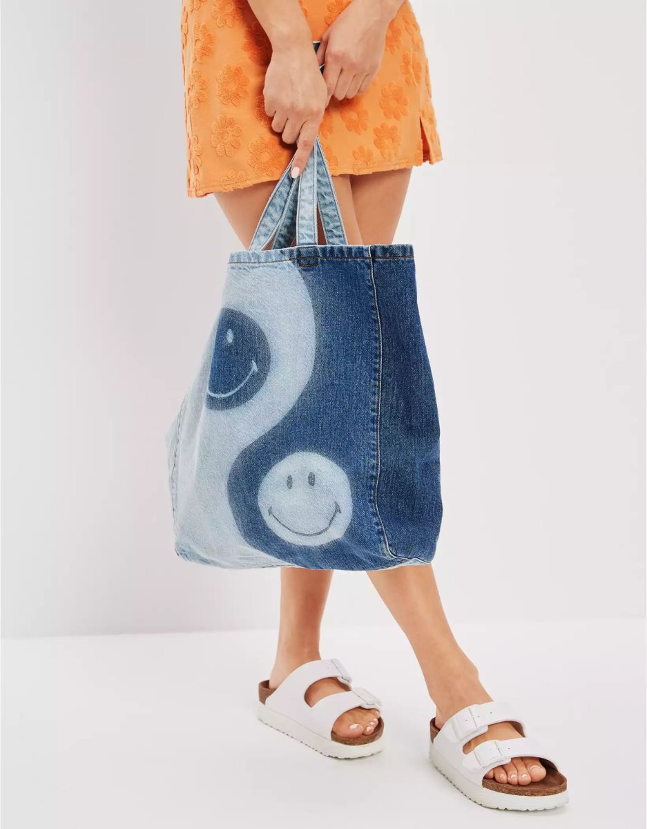 American Eagle AE Yin Yang Smiley Denim Tote Tasche Damen Blau | VBRGK3519