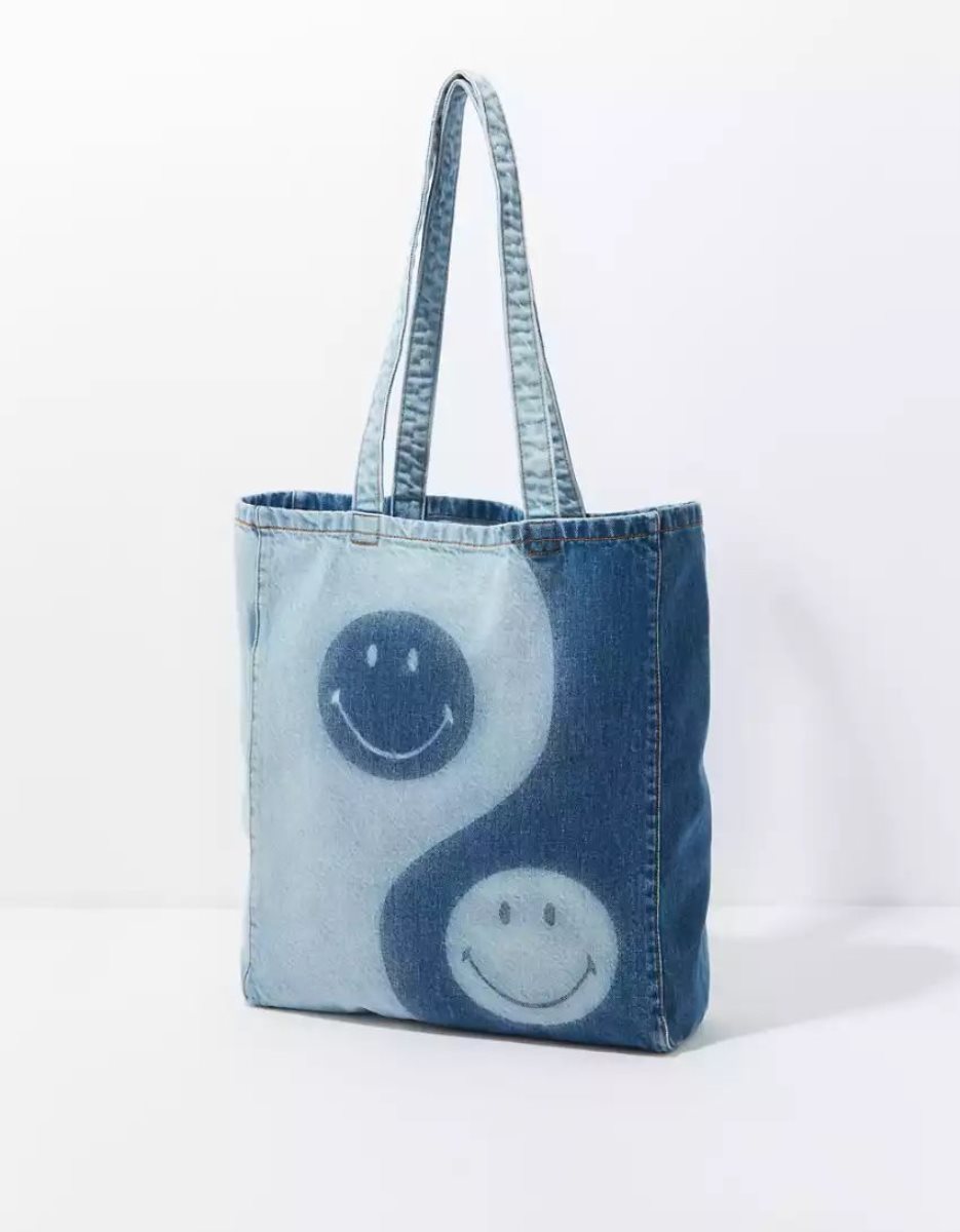 American Eagle AE Yin Yang Smiley Denim Tote Tasche Damen Blau | VBRGK3519