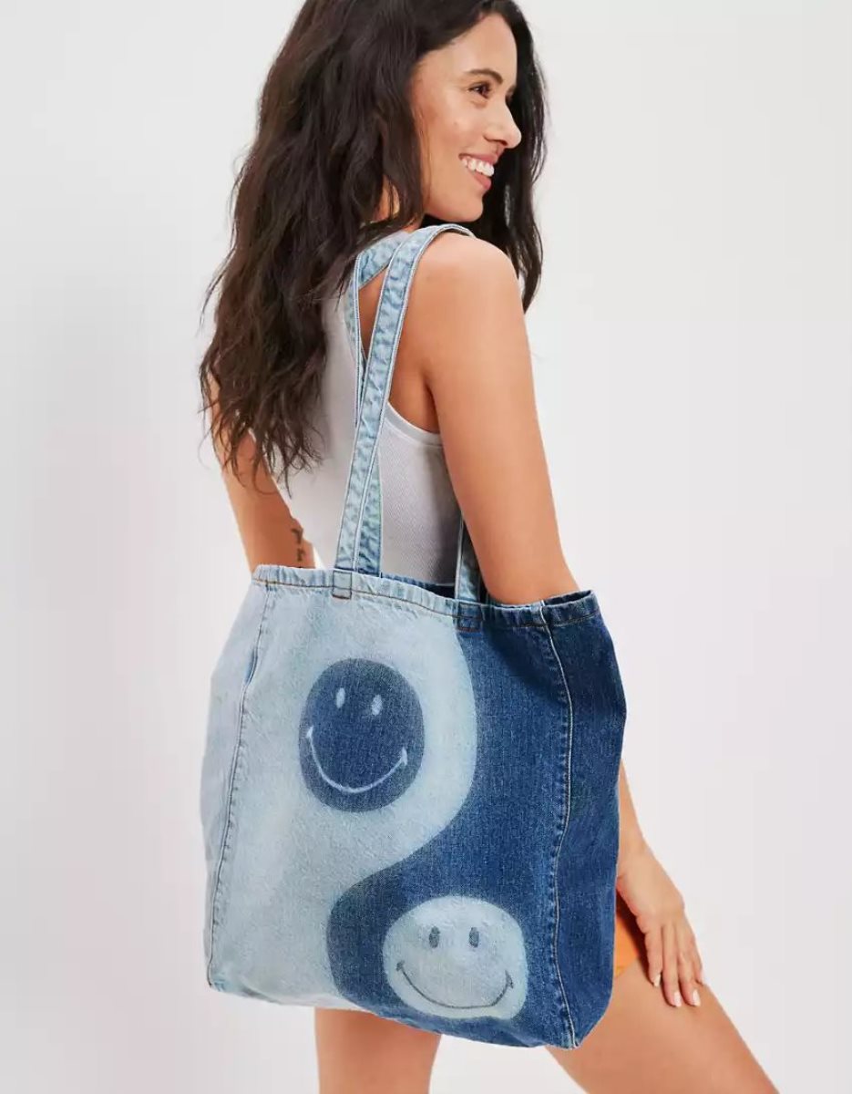 American Eagle AE Yin Yang Smiley Denim Tote Tasche Damen Blau | VBRGK3519