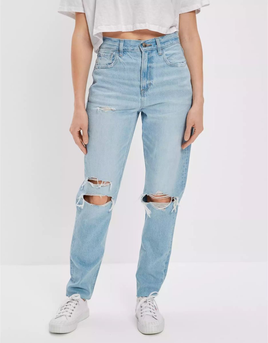 American Eagle AE x The Redesign Ripped Mom Jeans Damen Hellindigo | WXUYH8521